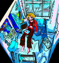 red girl in blue room